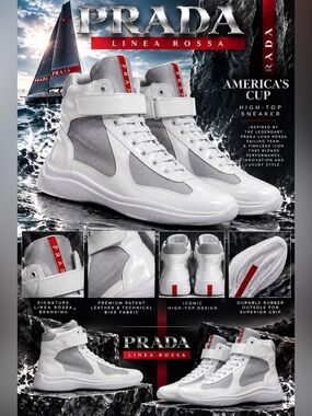 the Prada America's Cup Patent Leather High-Top Sneakers in White/Silver🔥New! 12